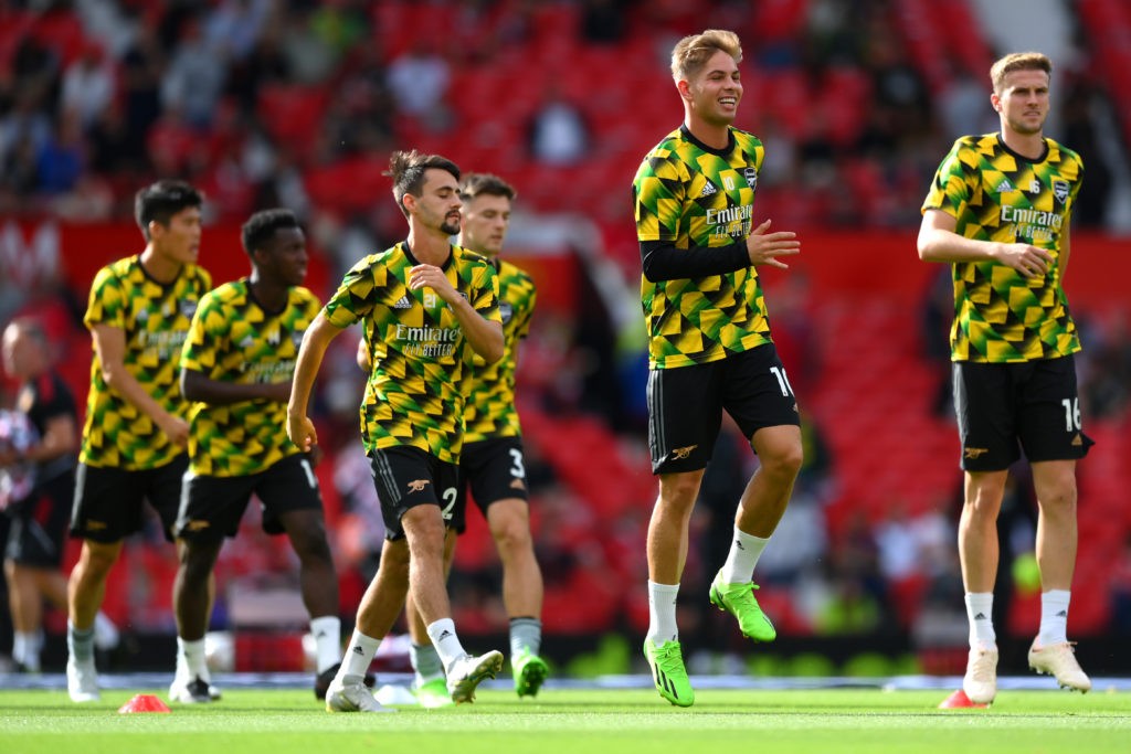 Emile Smith Rowe to return from injury with start vs Oxford United 3 MANCHESTER, ENGLAND - SEPTEMBER 04: Emile Smith Rowe of Arsenal warms up prior to the Premier League match between Manchester United and Arsenal FC at Old Trafford on September 04, 2022 in Manchester, England. (Photo by Shaun Botterill/Getty Images)