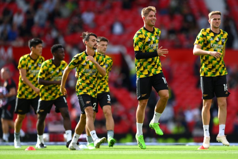 MANCHESTER, ENGLAND - SEPTEMBER 04: Emile Smith Rowe of Arsenal warms up prior to the Premier League match between Manchester United and Arsenal FC...