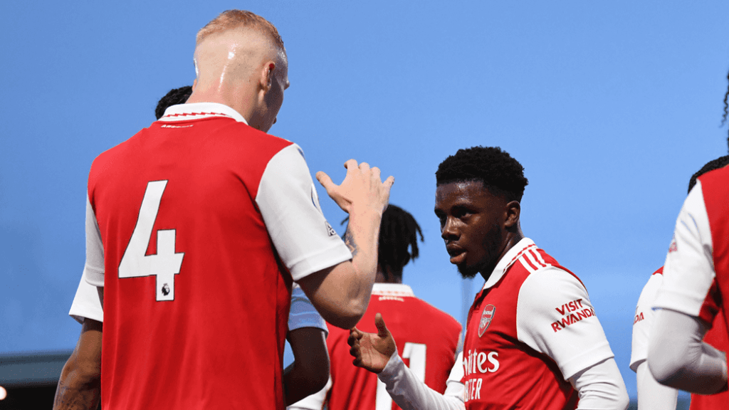 Taylor Foran and Nathan Butler-Oyedeji celebrate a goal for the Arsenal u21s (Photo via Arsenal.com)