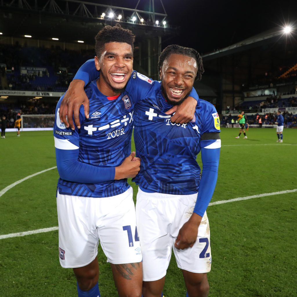 Tyreece John-Jules (L) celebrates a win for Ipswich Town (Photo via Ipswich Town on Twitter)