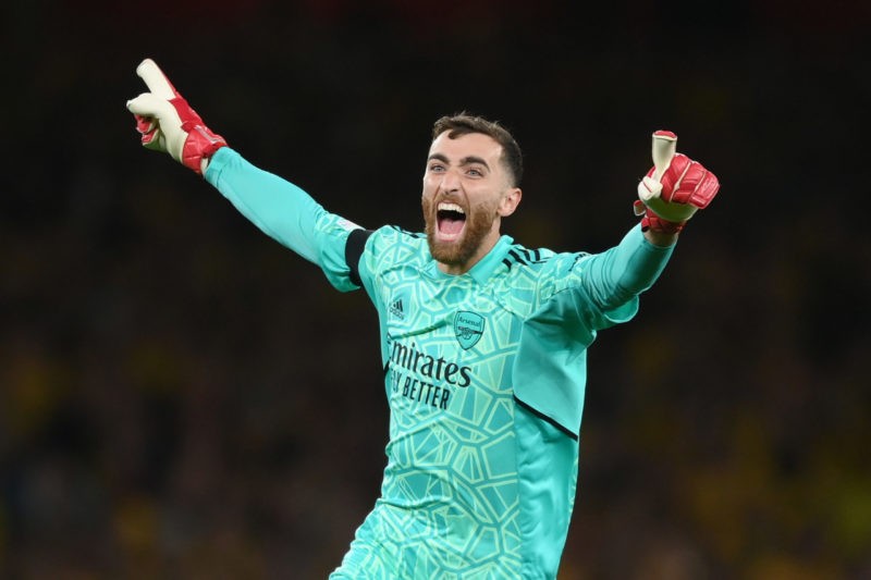LONDON, ENGLAND - OCTOBER 06: Matt Turner celebrates after Rob Holding of Arsenal (not pictured) scored their sides second goal during the UEFA Eur...