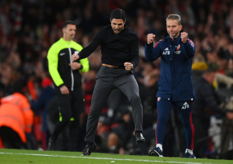 LONDON, ENGLAND - OCTOBER 09: Mikel Arteta, Manager of Arsenal celebrates after their sides victory during the Premier League match between Arsenal FC and Liverpool FC at Emirates Stadium on October 09, 2022 in London, England. (Photo by Shaun Botterill/Getty Images)