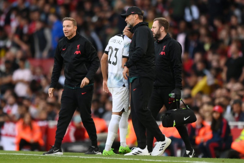 LONDON, ENGLAND - OCTOBER 09: Luis Diaz of Liverpool is substituted off during the Premier League match between Arsenal FC and Liverpool FC at Emir...