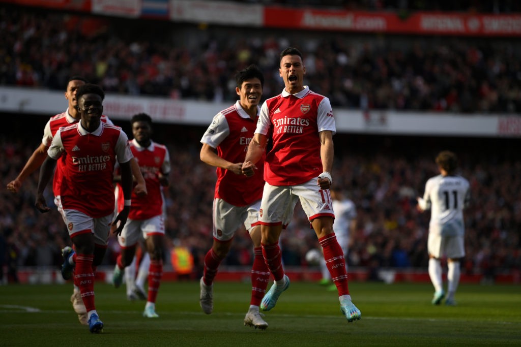 Brazilian pundit goes on bizarre rant about Gabriel Martinelli 2 LONDON, ENGLAND - OCTOBER 09: Gabriel Martinelli of Arsenal celebrates with teammates after scoring their team's first goal during the Premier League match between Arsenal FC and Liverpool FC at Emirates Stadium on October 09, 2022 in London, England. (Photo by Justin Setterfield/Getty Images)