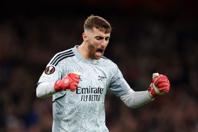 LONDON, ENGLAND - OCTOBER 20: Matt Turner of Arsenal celebrates after their side's first goal during the UEFA Europa League group A match between A...