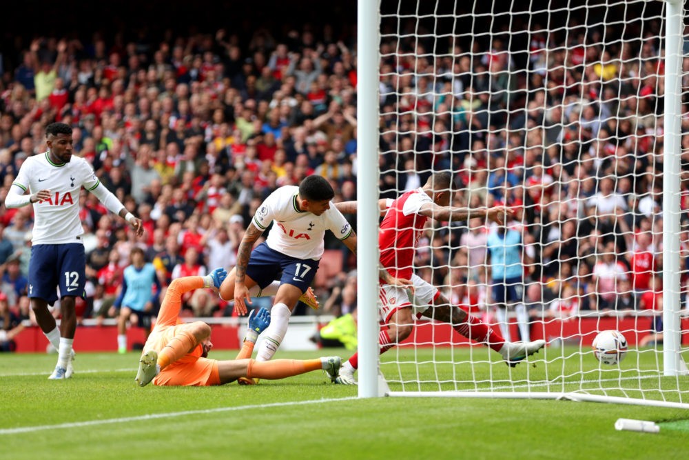 LONDON, ENGLAND: Gabriel Jesus of Arsenal scores his side's second goal during the Premier League match between Arsenal FC and Tottenham Hotspur at...