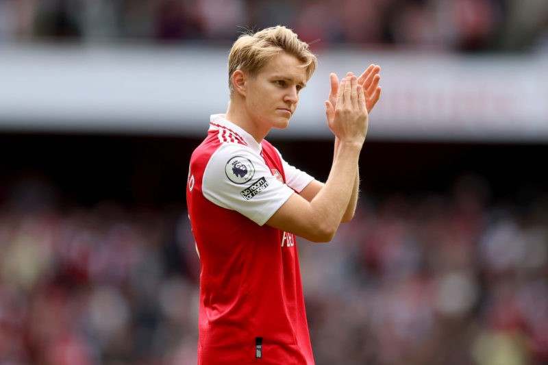 LONDON, ENGLAND - OCTOBER 01: Martin Oedegaard of Arsenal applauds fans after the Premier League match between Arsenal FC and Tottenham Hotspur at ...