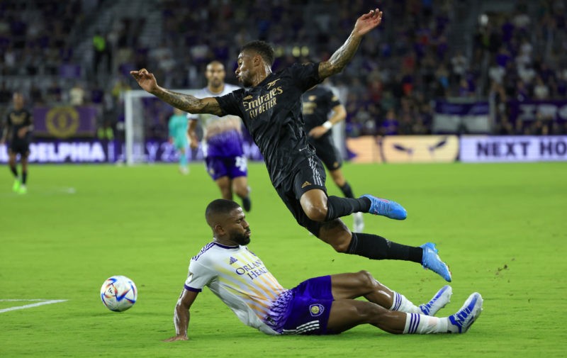 New Reiss Nelson contract likely with winger now 'on the right track' 3 ORLANDO, FLORIDA - JULY 20: Reiss Nelson #24 of Arsenal collides with Ruan #2 of Orlando City during a Florida Cup friendly at Exploria Stadium on July 20, 2022 in Orlando, Florida. (Photo by Mike Ehrmann/Getty Images)