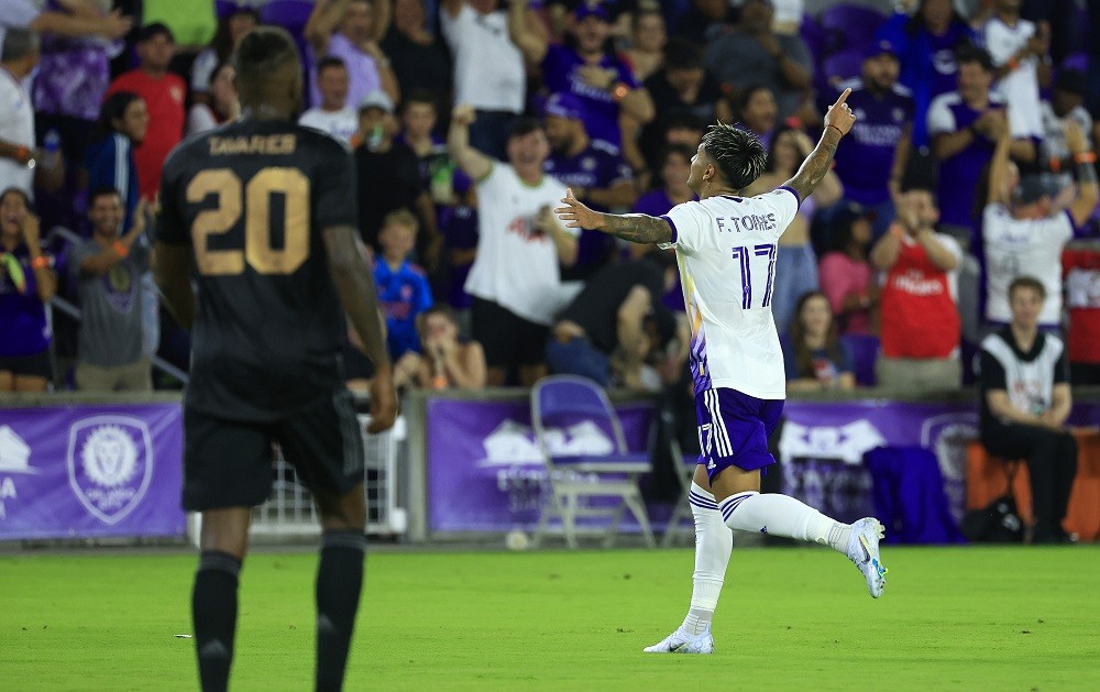 ORLANDO, FLORIDA: Facundo Torres of Orlando City celebrates a goal during a Florida Cup friendly against the Arsenal at Exploria Stadium on July 20...