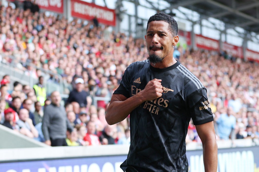 William Saliba contract update 2 BRENTFORD, ENGLAND - SEPTEMBER 18: William Saliba of Arsenal celebrates after scoring their side's first goal during the Premier League match between Brentford FC and Arsenal FC at Brentford Community Stadium on September 18, 2022 in Brentford, England. (Photo by Richard Heathcote/Getty Images)