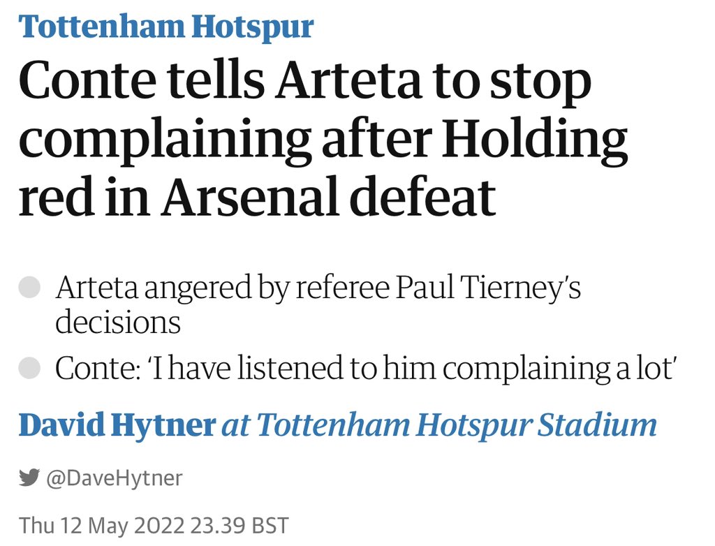 Conte tells Arteta to stop moaning after Holding red in Arsenal defeat