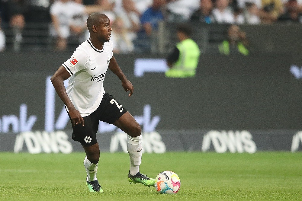 FRANKFURT AM MAIN, GERMANY: Evan Ndicka of Eintracht Frankfurt in action during the Bundesliga match between Eintracht Frankfurt and FC Bayern Münc...