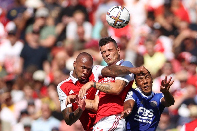 Barcelona added to list chasing Youri Tielemans 2 Leicester City's Belgian midfielder Youri Tielemans (R) vies with Arsenal's Brazilian defender Gabriel (L) and Arsenal's Swiss midfielder Granit Xhaka (C) during the English Premier League football match between Arsenal and Leicester City at the Emirates Stadium in London on August 13, 2022. (Photo by ADRIAN DENNIS/AFP via Getty Images)