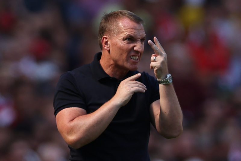 Leicester City's Northern Irish manager Brendan Rodgers gestures on the touchline during the English Premier League football match between Arsenal ...