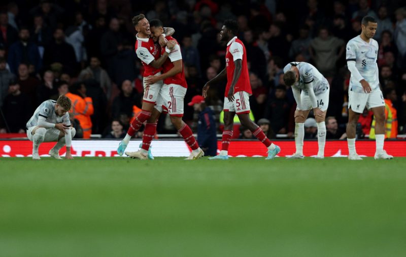 Arsenal's English defender Ben White and Arsenal's French defender William Saliba celebrate winning the English Premier League football match between Arsenal and Liverpool at the Emirates Stadium in London on October 9, 2022.(Photo by ADRIAN DENNIS/AFP via Getty Images)