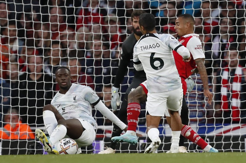 Arsenal penalty 'very soft' says Jurgen Klopp 2 Liverpool's Spanish midfielder Thiago Alcantara (2R) fouls Arsenal's Brazilian striker Gabriel Jesus (R) in the box to concede a penalty during the English Premier League football match between Arsenal and Liverpool at the Emirates Stadium in London on October 9, 2022. (Photo by IAN KINGTON/IKIMAGES/AFP via Getty Images)