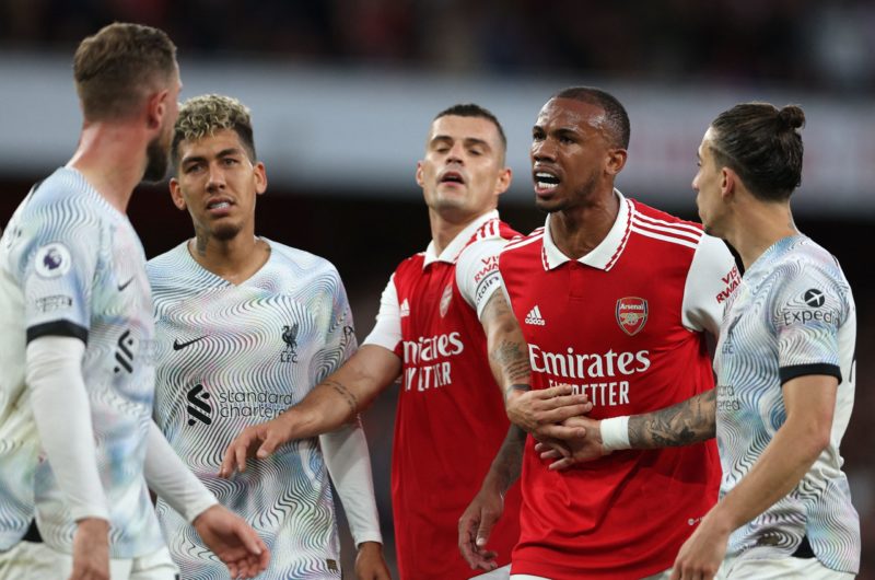 Comments between Arsenal and Liverpool players referred to FA 2 Arsenal's Brazilian defender Gabriel Magalhaes (2R) remonstrates with Liverpool's English midfielder Jordan Henderson during the English Premier League football match between Arsenal and Liverpool at the Emirates Stadium in London on October 9, 2022. (Photo by ADRIAN DENNIS/AFP via Getty Images)