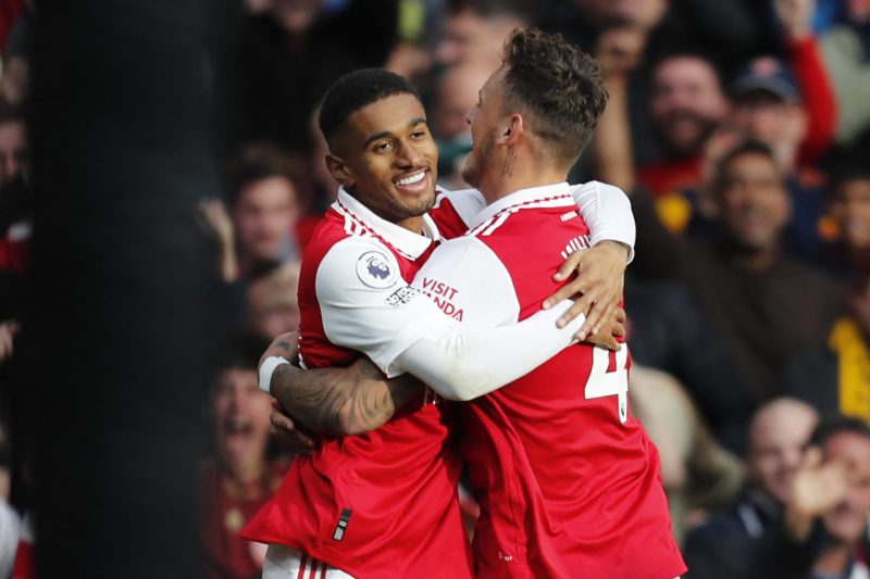 Arsenal's October: We could be contenders 2 Arsenal's English midfielder Reiss Nelson (L) celebrates with Arsenal's English defender Ben White (R) after scoring their second goal during the English Premier League football match between Arsenal and Nottingham Forest at the Emirates Stadium in London on October 30, 2022. (Photo by IAN KINGTON/AFP via Getty Images)