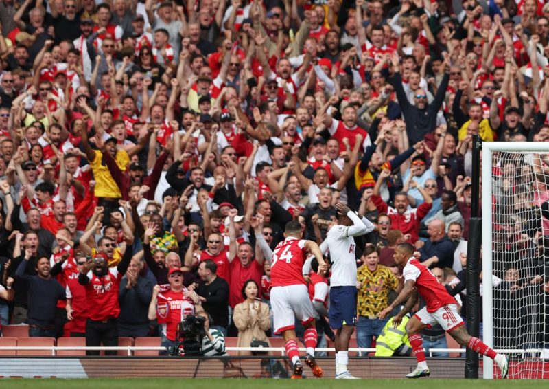 Arsenal's Brazilian striker Gabriel Jesus (R) celebrates scoring his team's second goal during the English Premier League football match between Ar...