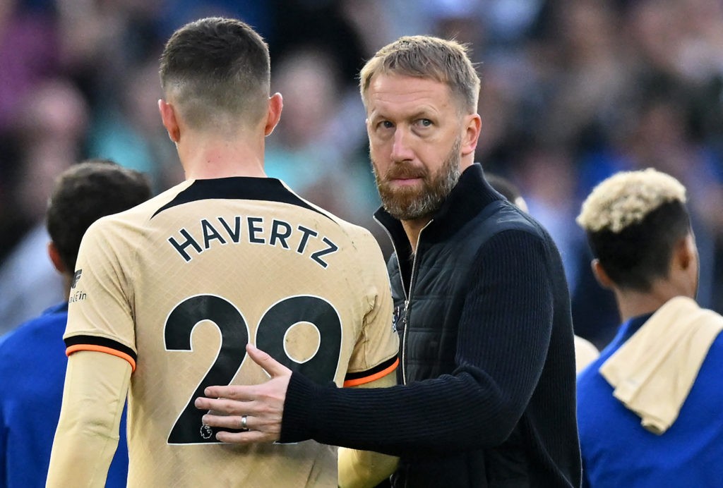 Chelsea set to be without 5 injured players for Arsenal clash 2 Chelsea's German midfielder Kai Havertz (L) and Chelsea's English head coach Graham Potter (R) on the pitch after the final whistle of the English Premier League football match between Brighton and Hove Albion and Chelsea at the American Express Community Stadium in Brighton, southern England on October 29, 2022. (Photo by GLYN KIRK/AFP via Getty Images)