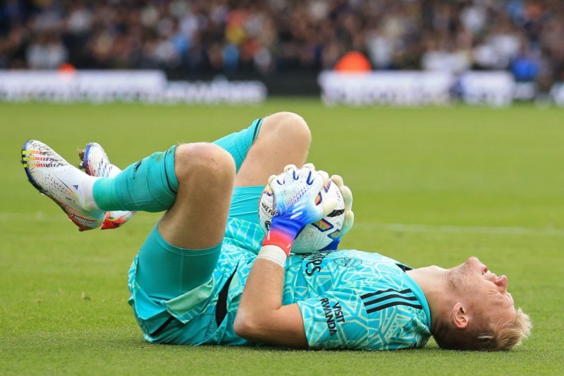 "The one with my nuts" Ramsdale picks his best save v Leeds 3 Arsenal's English goalkeeper Aaron Ramsdale reacts after suffering a knock during the English Premier League football match between Leeds United and Arsenal at Elland Road in Leeds, northern England on October 16, 2022 (Photo by LINDSEY PARNABY/AFP via Getty Images)