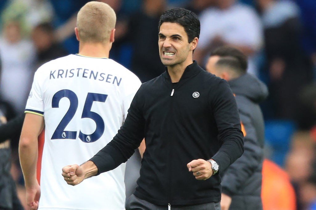 Arsenal's Spanish manager Mikel Arteta celebrates after the English Premier League football match between Leeds United and Arsenal at Elland Road in Leeds, northern England on October 16, 2022. - Arsenal won the game 1-0. (Photo by LINDSEY PARNABY/AFP via Getty Images)