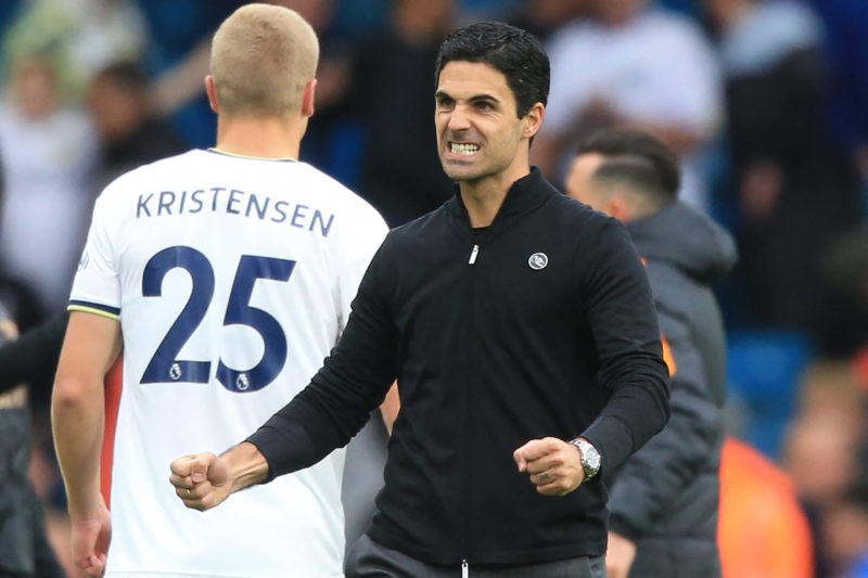 Arsenal's Spanish manager Mikel Arteta celebrates after the English Premier League football match between Leeds United and Arsenal at Elland Road i...