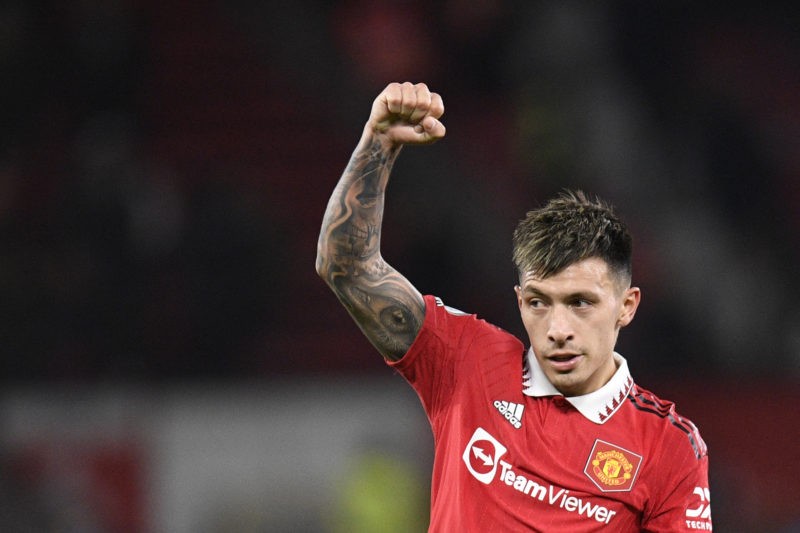 Manchester United's Argentinian defender Lisandro Martinez celebrates at the end of the English Premier League football match between Manchester Un...