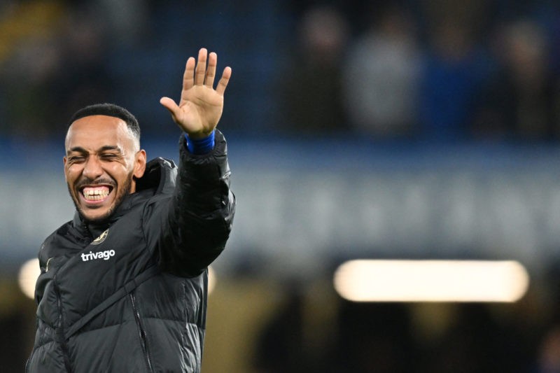 Chelsea's Gabonese striker Pierre-Emerick Aubameyang waves to supporters as celebrates at the end of the UEFA Champions League Group E football mat...