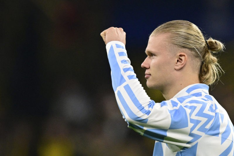 Manchester City's Norwegian striker Erling Haaland reacts after the UEFA Champions League Group G football match between Borussia Dortmund and Manc...