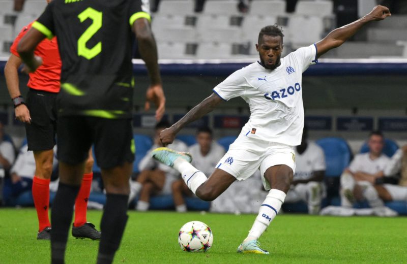 Marseille's Portuguese defender Nuno Tavares kicks the ball during the UEFA Champions League group D, football match between Olympique Marseille (OM) and Sporting Lisbon at the Stade Velodrome on October 4, 2022. (Photo by NICOLAS TUCAT / AFP) (Photo by NICOLAS TUCAT/AFP via Getty Images)