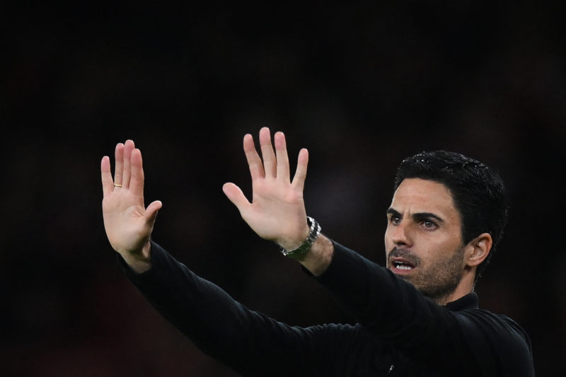 Arsenal's Spanish manager Mikel Arteta reacts during the UEFA Europa League Group A football match between Arsenal and Bodoe/Glimt at The Arsenal S...