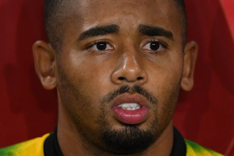 Arsenal's Brazilian striker Gabriel Jesus reacts as he sits on the bench during the UEFA Europa League Group A football match between Arsenal and B...