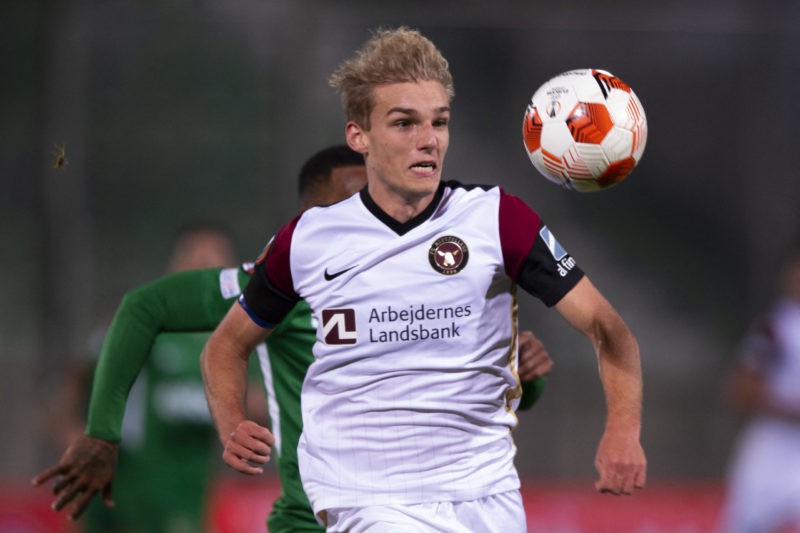 Midtjylland's Danish forward Gustav Isaksen controls the ball during the UEFA Europa League Group F football match between Ludogorets Razgrad and M...