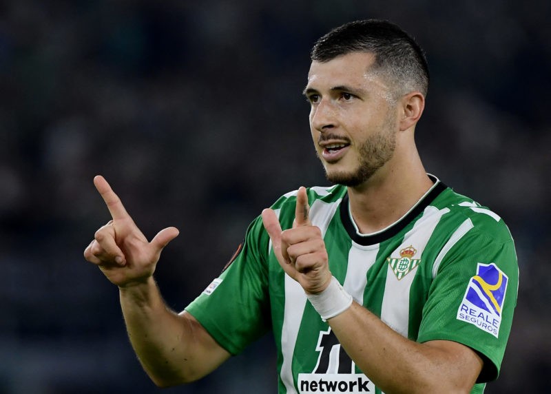 Real Betis' Argentinian midfielder Guido Rodriguez celebrates after scoring during the UEFA Europa League Group C football match between AS Roma an...