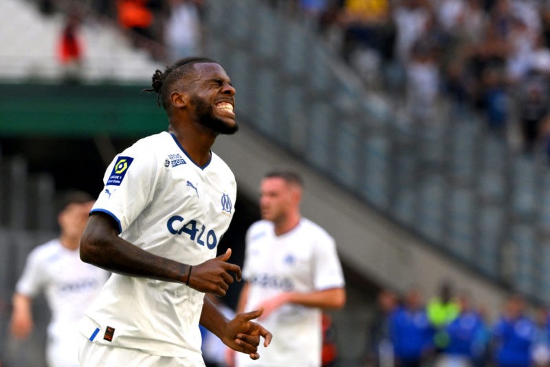 Marseille's Portuguese defender Nuno Tavares reacts during the French L1 football match between Olympique Marseille (OM) and Stade Rennais FC (Renn...