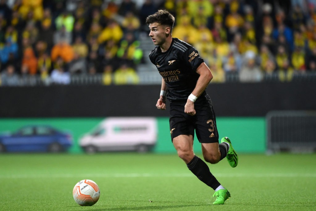 BODO, NORWAY - OCTOBER 13: Kieran Tierney of Arsenal runs with the ball during the UEFA Europa League group A match between FK Bodo/Glimt and Arsenal FC at Aspmyra Stadion on October 13, 2022 in Bodo, Norway. (Photo by David Lidstrom/Getty Images)