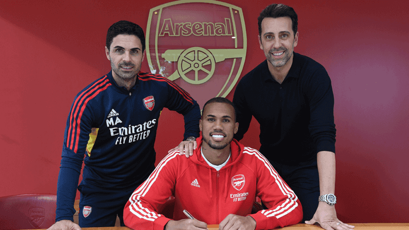 Gabriel shines for Arsenal after Brazil World Cup snub 3 Gabriel Magalhaes signs a new contract with Arsenal, alongside Mikel Arteta and Edu Gaspar (Photo via Arsenal.com)