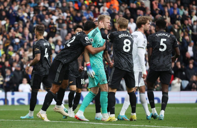 LEEDS, ENGLAND - OCTOBER 16: Aaron Ramsdale of Arsenal reacts after Patrick Bamford of Leeds United (not pictured) missed their penalty during the ...