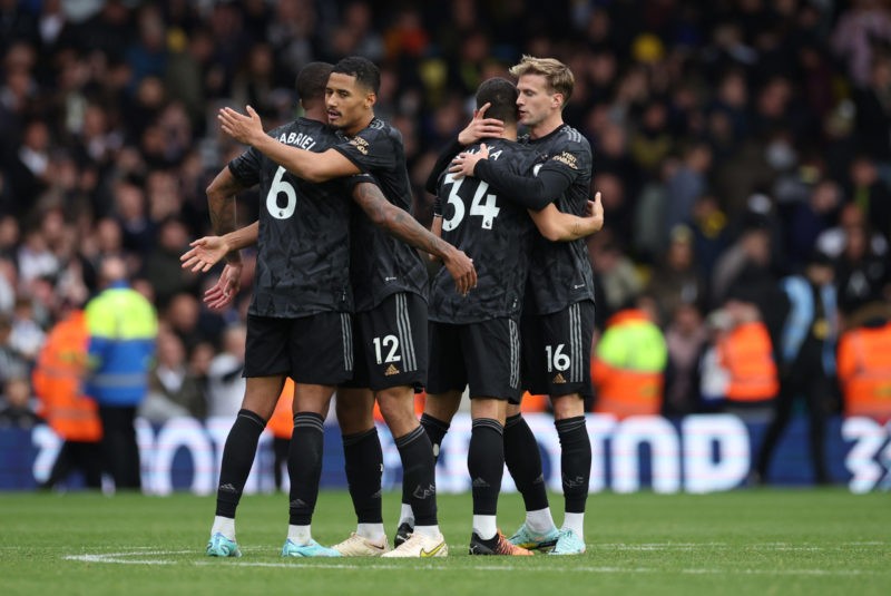 LEEDS, ENGLAND: Gabriel Magalhaes, William Saliba, Granit Xhaka and Rob Holding of Arsenal celebrate after their sides victory during the Premier L...