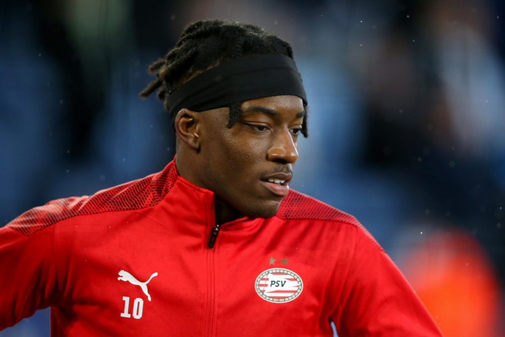 LEICESTER, ENGLAND: Noni Madueke of PSV Eindhoven looks on prior to the UEFA Conference League Quarter Final Leg One match between Leicester City a...