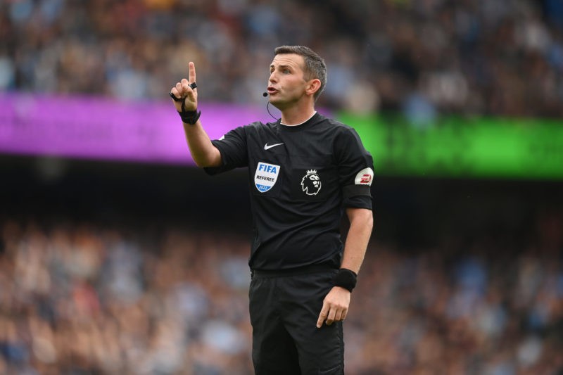 MANCHESTER, ENGLAND - OCTOBER 02: Match official Michael Oliver looks on during the Premier League match between Manchester City and Manchester Uni...