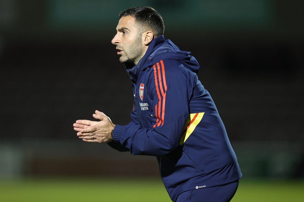 NORTHAMPTON, ENGLAND: Arsenal U21 manager Mehmet Ali looks on during the Papa John's Trophy match between Northampton Town and Arsenal U21 at Sixfields on October 18, 2022. (Photo by Pete Norton/Getty Images)