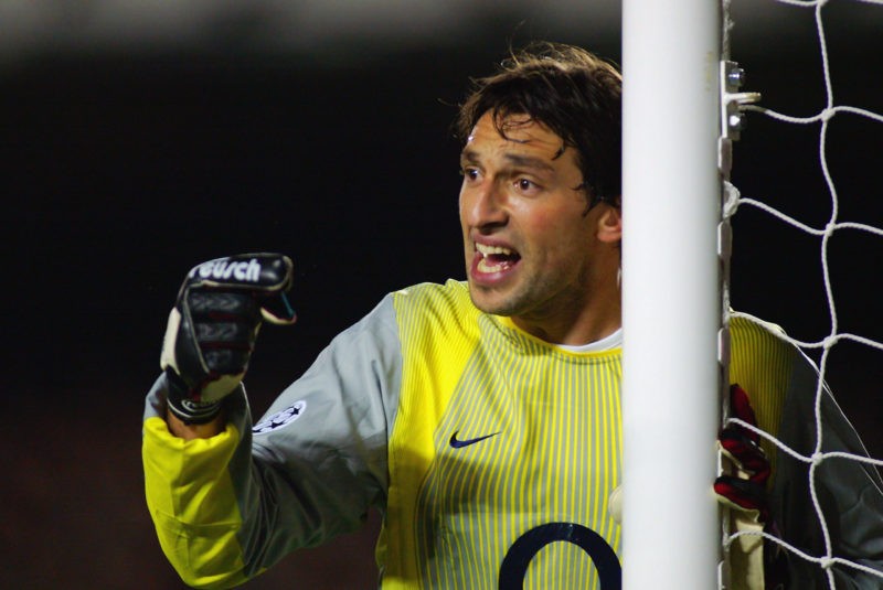 LONDON - NOVEMBER 12: Rami Shaaban of Arsenal lines up his defence during the UEFA Champions League First Stage Group A match between Arsenal and PSV Eindhoven held on November 12, 2002 at Highbury, in London. The match ended in a 0-0 draw. DIGITAL IMAGE. (Photo by Mike Hewitt/Getty Images)