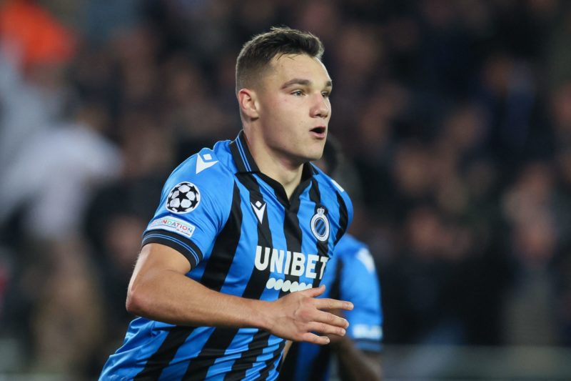 Club's Ferran Jutgla celebrates after scoring during a soccer game between Belgian Club Brugge KV and Spanish Atletico de Madrid, Tuesday 04 October 2022 in Brugge, on day 3/6 of the UEFA Champions League group stage. BELGA PHOTO BRUNO FAHY (Photo by BRUNO FAHY / BELGA MAG / Belga via AFP) (Photo by BRUNO FAHY/BELGA MAG/AFP via Getty Images)