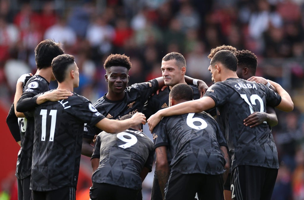 Arteta refuses to blame dreadful refereeing for dropped points 3 SOUTHAMPTON, ENGLAND - OCTOBER 23: Bukayo Saka and Granit Xhaka of Arsenal gather the players during the Premier League match between Southampton FC and Arsenal FC at Friends Provident St. Mary's Stadium on October 23, 2022 in Southampton, England. (Photo by Ryan Pierse/Getty Images)