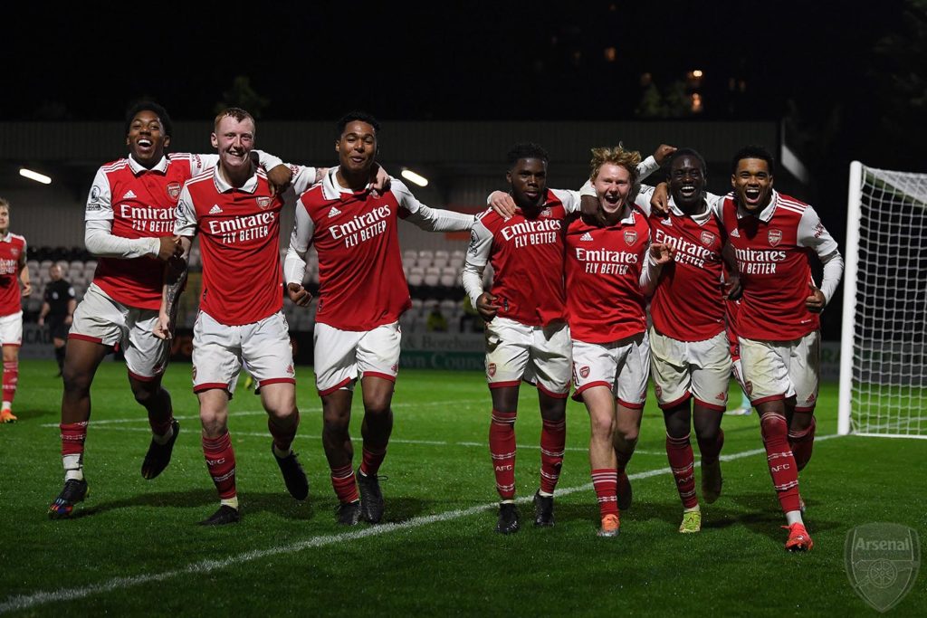 The Arsenal u21s celebrate a goal (Photo via Arsenal Academy on Twitter)