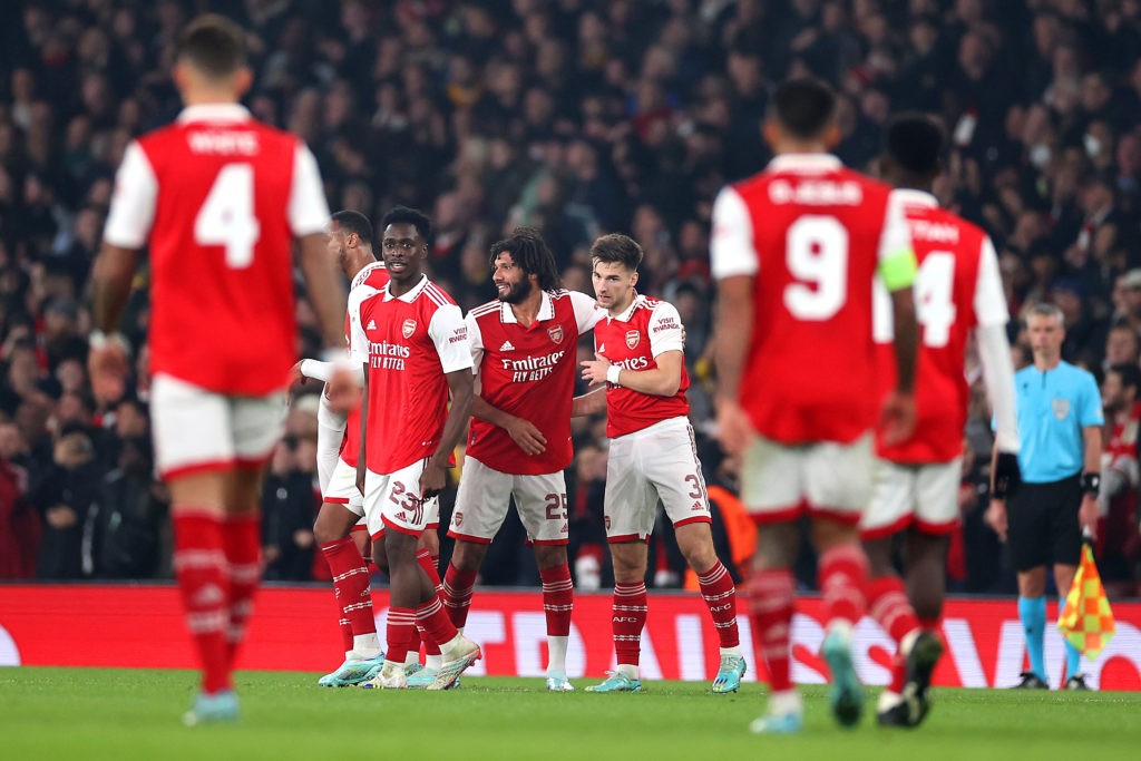 LONDON, ENGLAND - NOVEMBER 03: Kieran Tierney of Arsenal celebrates with team mates after scoring their sides first goal during the UEFA Europa League group A match between Arsenal FC and FC Zürich at Emirates Stadium on November 03, 2022 in London, England. (Photo by Ryan Pierse/Getty Images)