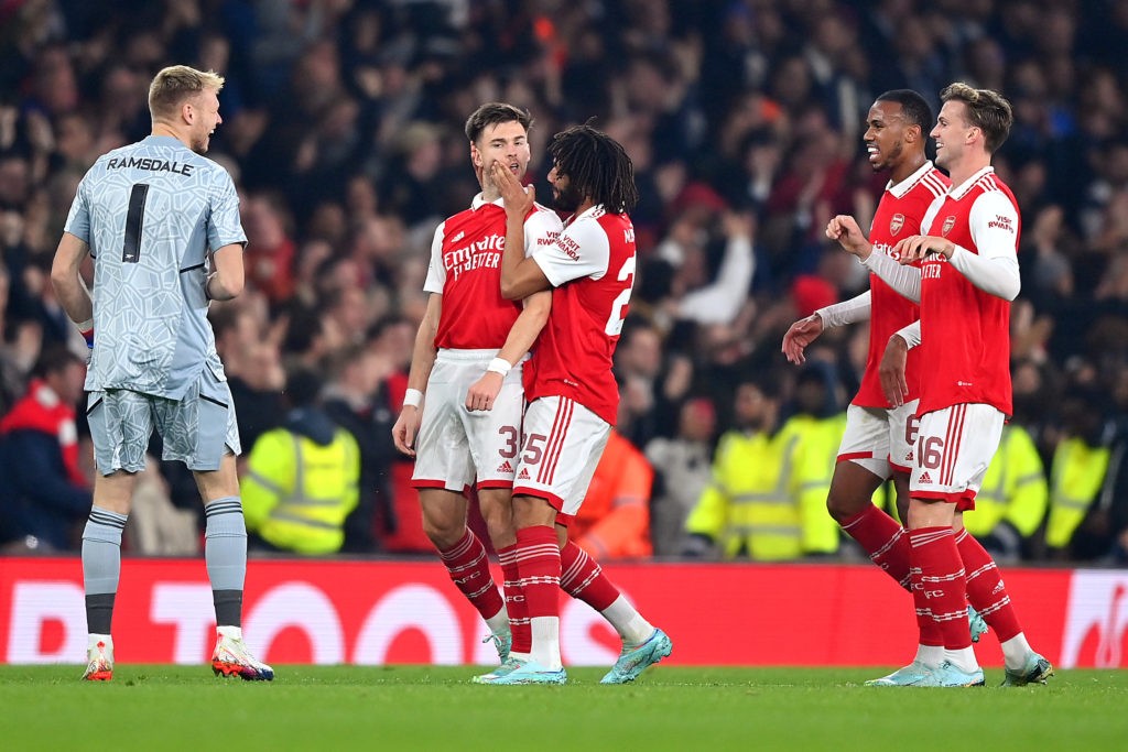 LONDON, ENGLAND - NOVEMBER 03: Kieran Tierney of Arsenal celebrates with team mate Mohamed Elneny after scoring their sides first goal during the UEFA Europa League group A match between Arsenal FC and FC Zürich at Emirates Stadium on November 03, 2022 in London, England. (Photo by Justin Setterfield/Getty Images)