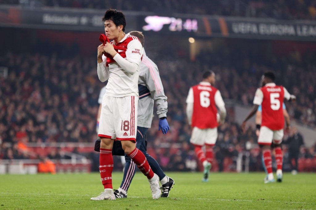 Arsenal 31yo set for his 1st start of the season vs Brighton 3 LONDON, ENGLAND - NOVEMBER 03: Takehiro Tomiyasu of Arsenal reacts while leaving the pitch injured during the UEFA Europa League group A match between Arsenal FC and FC Zürich at Emirates Stadium on November 03, 2022 in London, England. (Photo by Ryan Pierse/Getty Images)